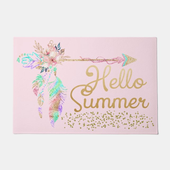 Blush Pink Gold Glitter Boho Feather Hello Summer Doormat (Front)