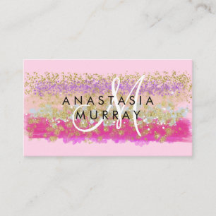 Blush Pink & Gold Glitter Colorful White Monogram Business Card