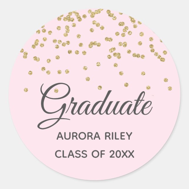 Blush Pink Gold Glitter Confetti Graduation Favour Classic Round Sticker (Front)