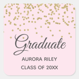 Blush Pink Gold Glitter Confetti Graduation Favour Square Sticker