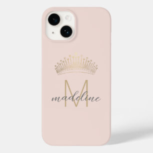 Blush Pink Gold Glitter Crown Monogram Initial Case-Mate iPhone 14 Case