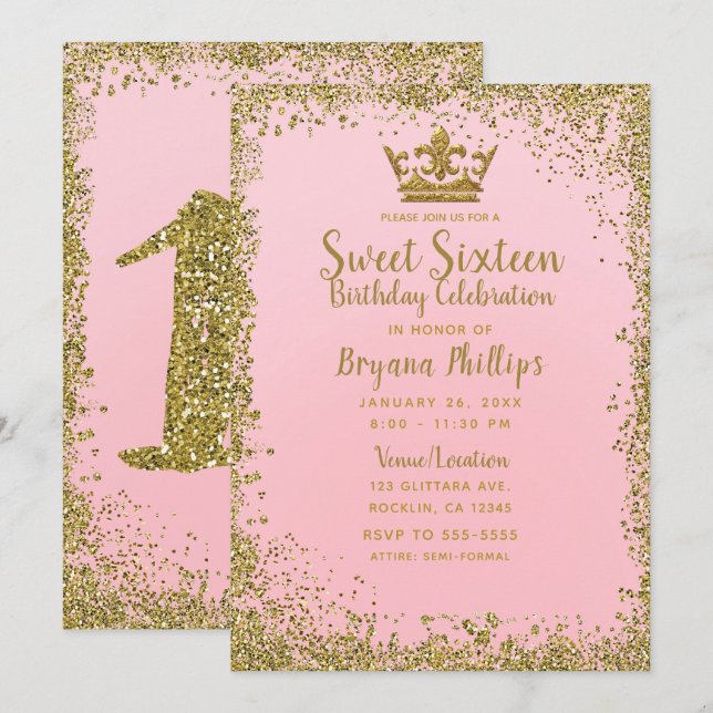 Blush Pink & Gold Glitter Crown Sweet 16 Party Invitation (Front/Back)