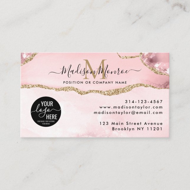 Blush Pink Gold Glitter Custom Logo Agate Monogram Business Card (Front)