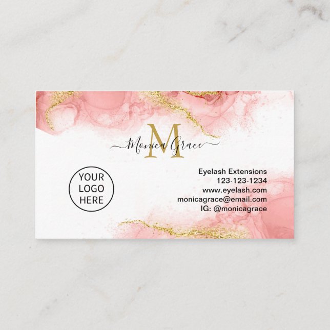 Blush Pink Gold Glitter Custom Logo Monogram Business Card (Back)