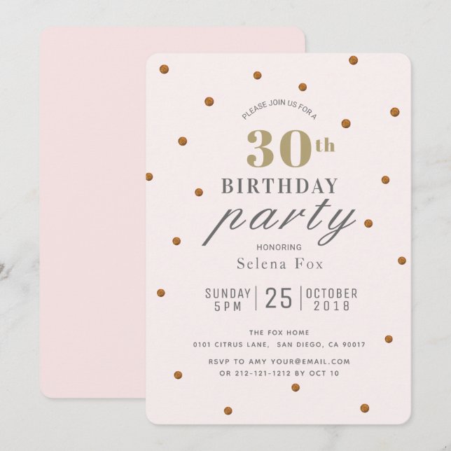 Blush Pink & Gold Glitter Dots Birthday Invitation (Front/Back)