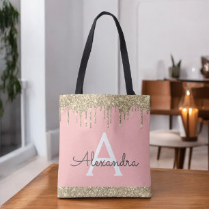 Blush Pink  Gold Glitter Elegant Monogram Tote Bag