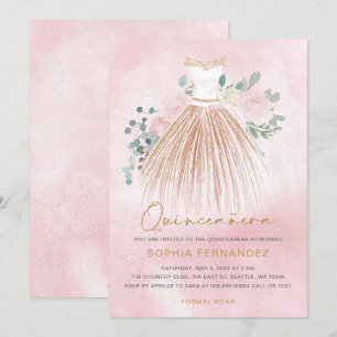 Blush Pink gold glitter Floral Dress Quinceañera Invitation