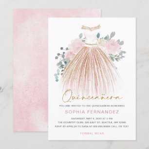 Blush Pink gold glitter Floral Dress Quinceañera Invitation