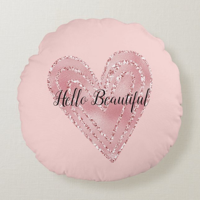 Blush Pink Gold Glitter Glitzy Heart Round Pillow (Front)