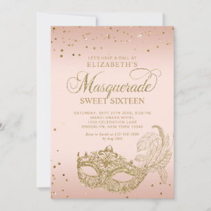 Blush Pink Gold Glitter Masquerade Sweet 16 Photo Invitation