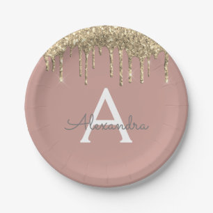 Blush Pink - Gold Glitter Monogram Birthday Paper Plate