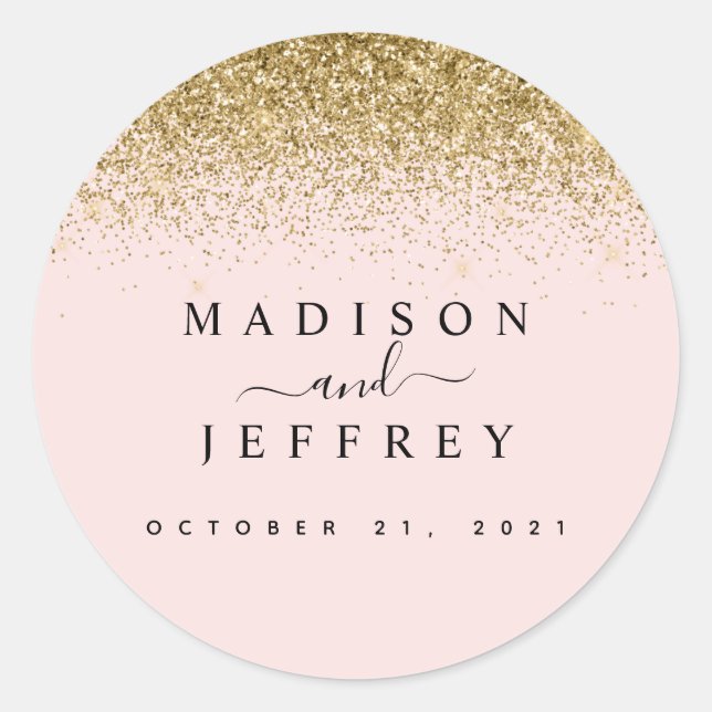 Blush Pink & Gold Glitter Wedding Classic Round Sticker (Front)