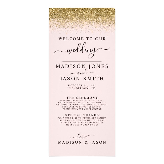 Blush Pink & Gold Glitter Wedding Program (Front)