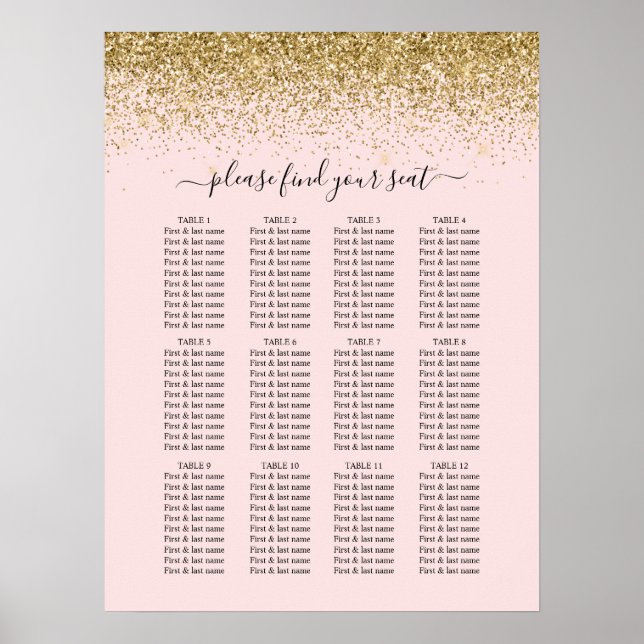 Blush Pink & Gold Glitter Wedding Seating Chart (Front)