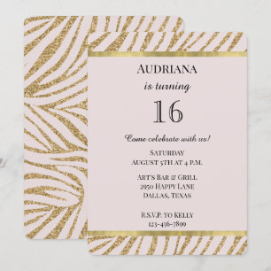 Blush Pink Gold Glitter Zebra Animal Birthday Invitation