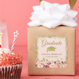 Blush Pink Gold Glitters Floral Graduation Favour Square Sticker
