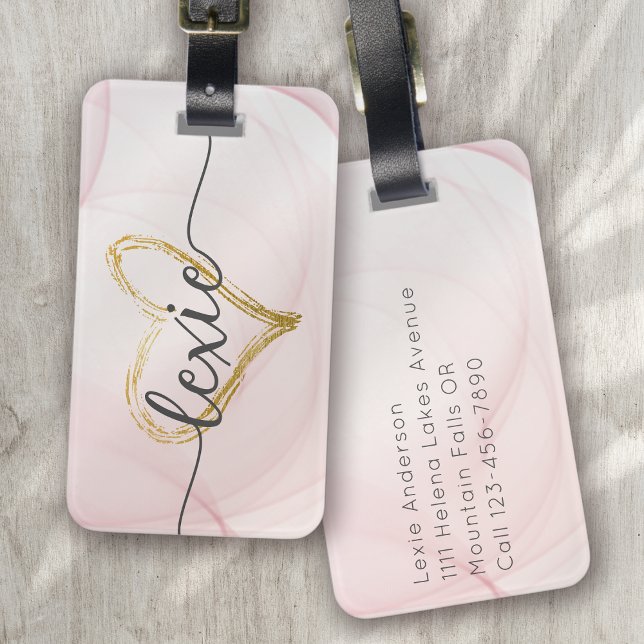 Blush Pink Gold Heart Calligraphy Luggage Tag (Creator Uploaded)