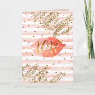 Blush Pink Gold Hearts XOXO Glitter Lips Card