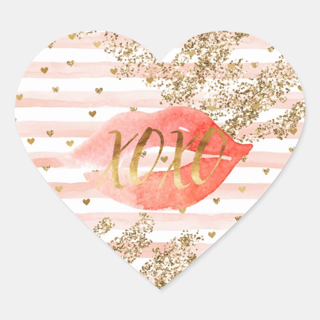 Blush Pink Gold Hearts XOXO Glitter Lips Heart Sticker (Front)