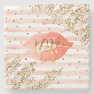 Blush Pink Gold Hearts XOXO Glitter Lips Stone Coaster