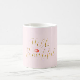 Blush Pink Gold Hello Beautiful Lips Coffee Mug