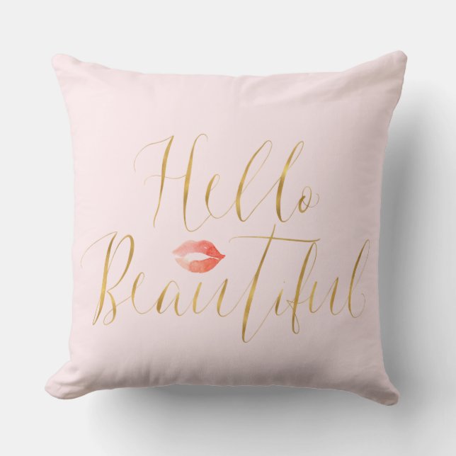 Blush Pink Gold Hello Beautiful Lips Throw Pillow (Front)