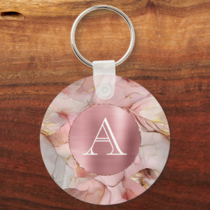 Blush Pink Gold Leaves Monogram Keychain