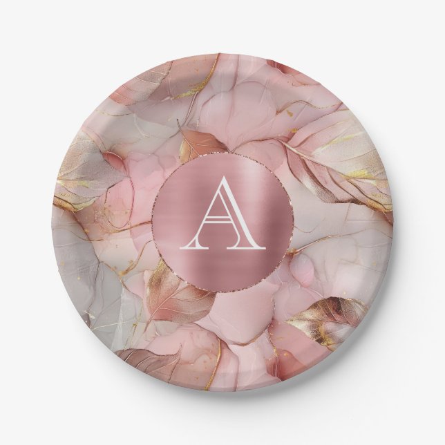 Blush Pink Gold Leaves Monogram Paper Plate (Front)