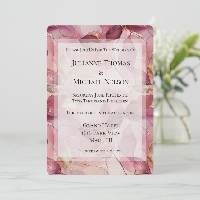Blush Pink Gold Leaves Romantic Wedding Invitation (Standing Front)