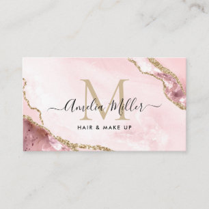 Blush Pink Gold Marble Agate Hair Makeup Monogram Business Card