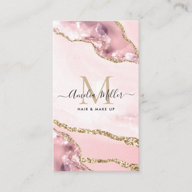 Blush Pink Gold Marble Agate Hair Makeup Monogram Business Card (Front)