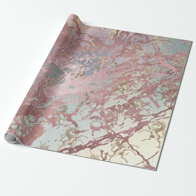 Blush Pink Gold Marble Shiny Fairly Aqua Unicorn Wrapping Paper (Unrolled)