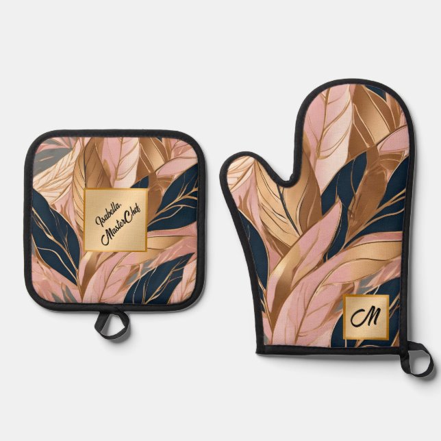 Blush Pink Gold Modern Boho Leaves Collection Oven Mitt & Pot Holder Set (Front)