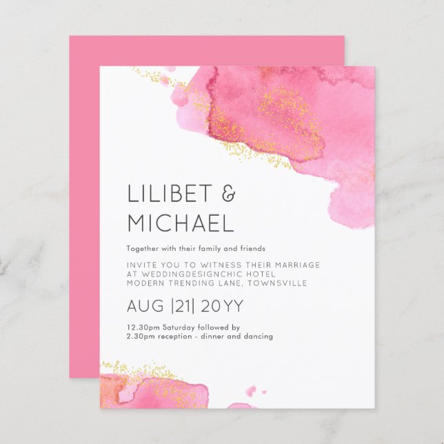 Blush Pink Gold Modern BUDGET Wedding Invitation (Front/Back)