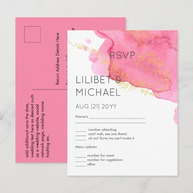 Blush Pink Gold Modern Wedding RSVP avec menu (Devant / Derrière)