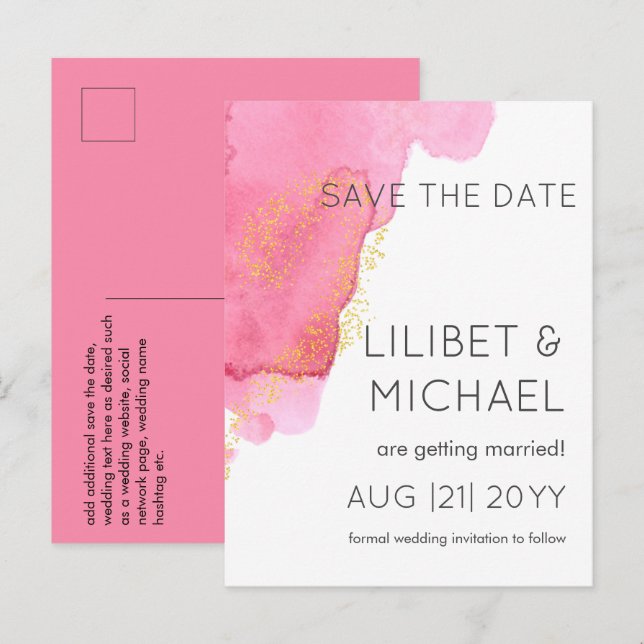 Blush Pink Gold Modern Wedding Save Dates Postcard (Front/Back)
