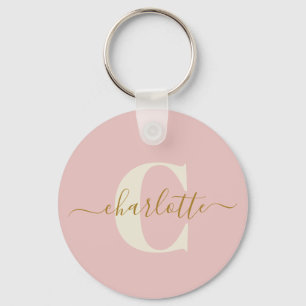 Blush Pink Gold Monogram Name Script Personalized Keychain