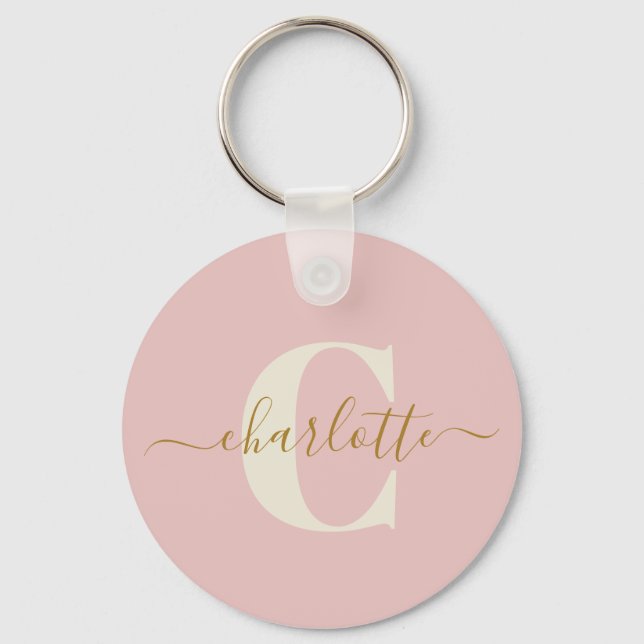 Blush Pink Gold Monogram Name Script Personalized Keychain (Front)