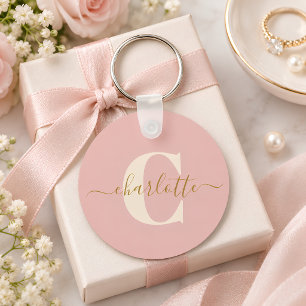 Blush Pink Gold Monogram Name Script Personalized Keychain