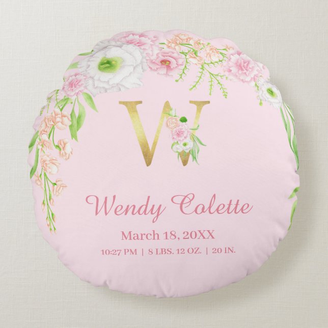 Blush Pink Gold Monogram "W" Baby Girl Stats Round Pillow (Front)
