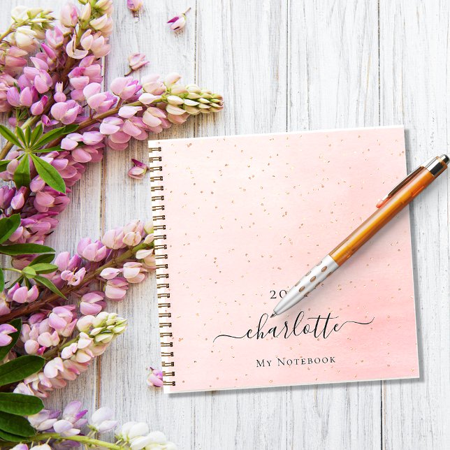 Blush pink gold name script sparkles elegant notebook (Creator Uploaded)