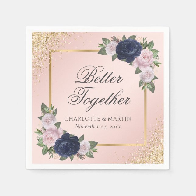 Blush Pink Gold Navy Blue Floral Wedding Napkin (Front)