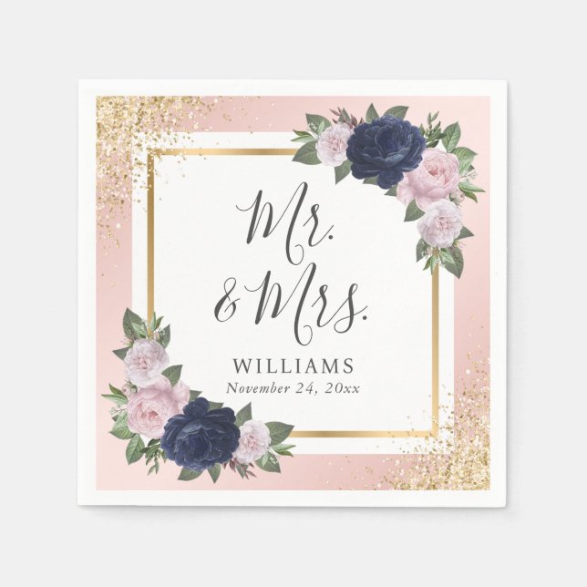 Blush Pink Gold Navy Blue Floral Wedding Napkin (Front)