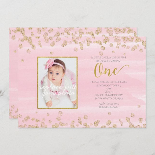 Blush Pink Gold ONE 1st Birthday Photo Invitation (Front/Back)