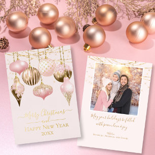 Blush Pink & Gold Ornaments Merry Christmas Photo Foil Holiday Card