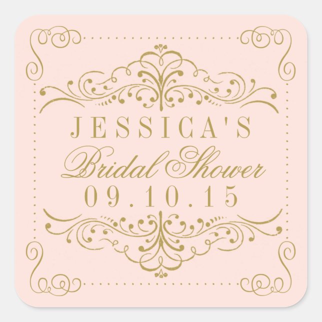 Blush Pink & Gold Ornate Swirl Bridal Shower Favou Square Sticker (Front)