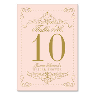 Blush Pink & Gold Ornate Swirl Bridal Shower Table Number