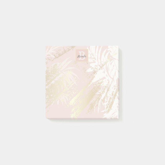 Blush pink gold palm leaves monogram post-it notes (Front)