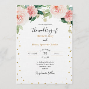 Blush pink gold peony elegant floral wedding invitation
