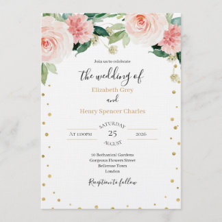 Blush pink gold peony elegant floral wedding  invitation